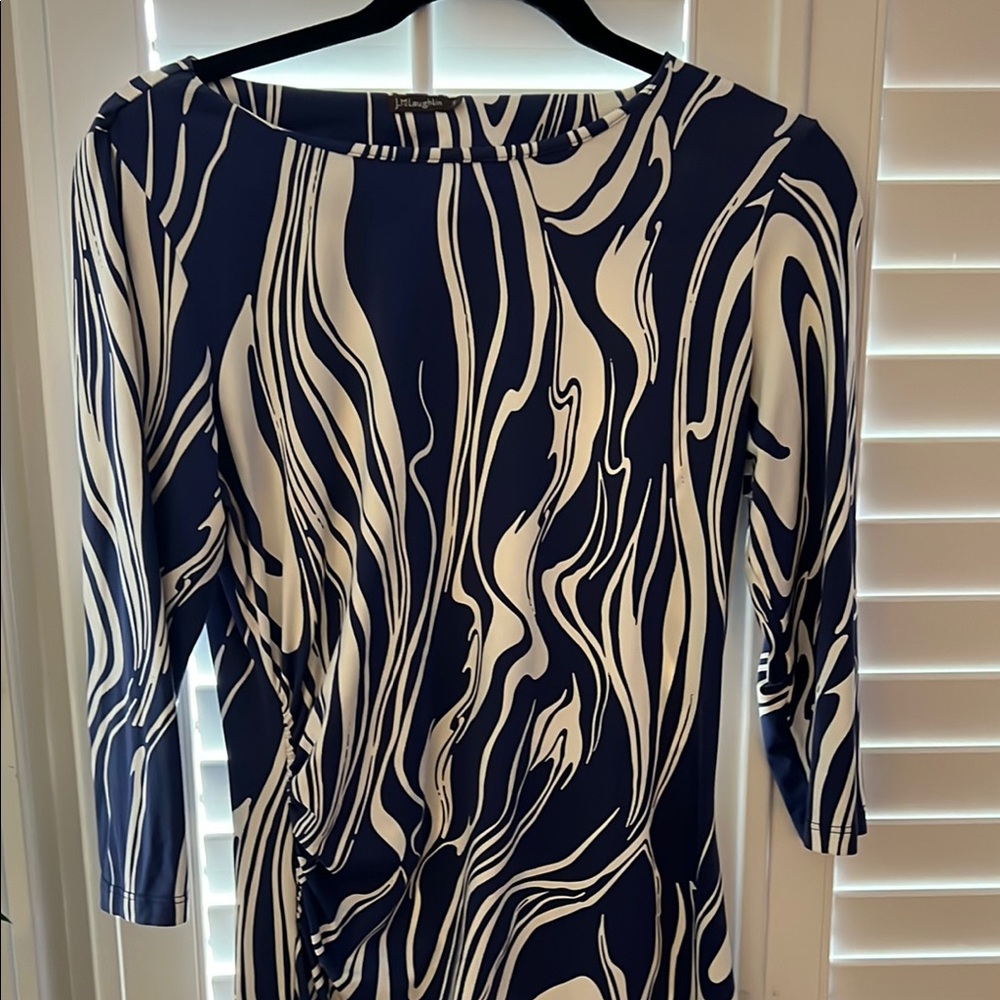 J. McLaughlin Blue and Cream Sage Sheath Dress with 3/4 Sleeves